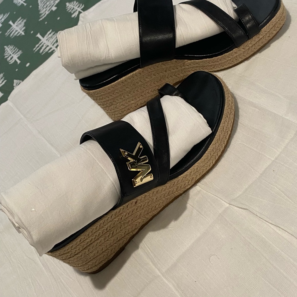 SOLD Michael Kors Black Leather Espadrille Wedge Sandals with Gold MK Logo